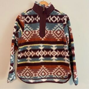 Brown and Blue Cowl Neck Sweater with Geometric Patterns